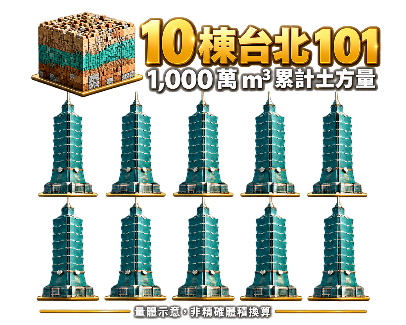 一千萬立方公尺累計土方量,搭配十棟完整台北 101 的量體示意;非精確體積換算